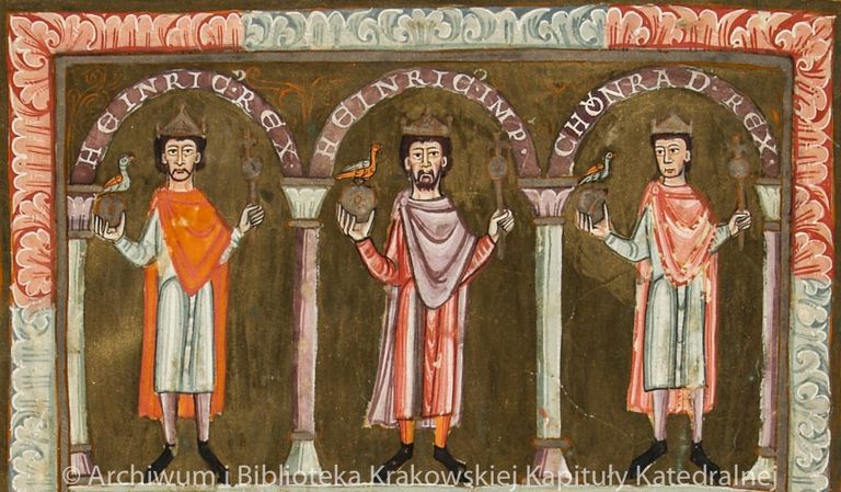 Fig 19. Henry III, Henry IV, and Conrad of Germanyt, each holding in his left hand a scepter topped by a globes crucifer. Photo from the manuscript Ewangeliarz Emmeramski (AKKK, Ms 208, for. 2v.) produced in 1100.