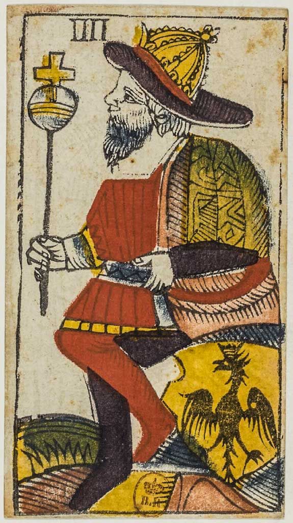 Fig. 20. Playing card in the 600s in Paris by Jacques Vieville, showing an emperor holing a scepter topped by a globes crucifer.